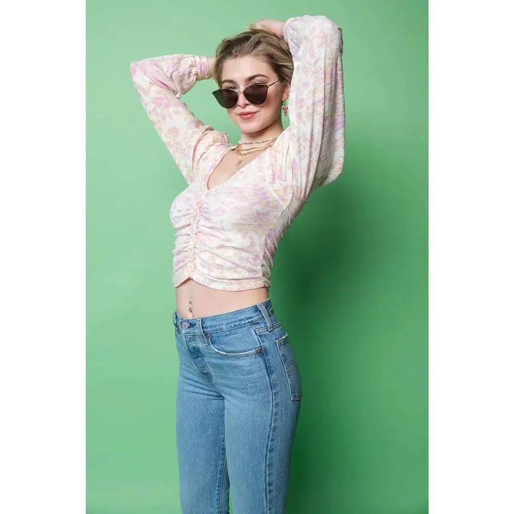 New Free People Say The Word Crop Top Ivory Pink Floral Ruched V-Naeck Sz S